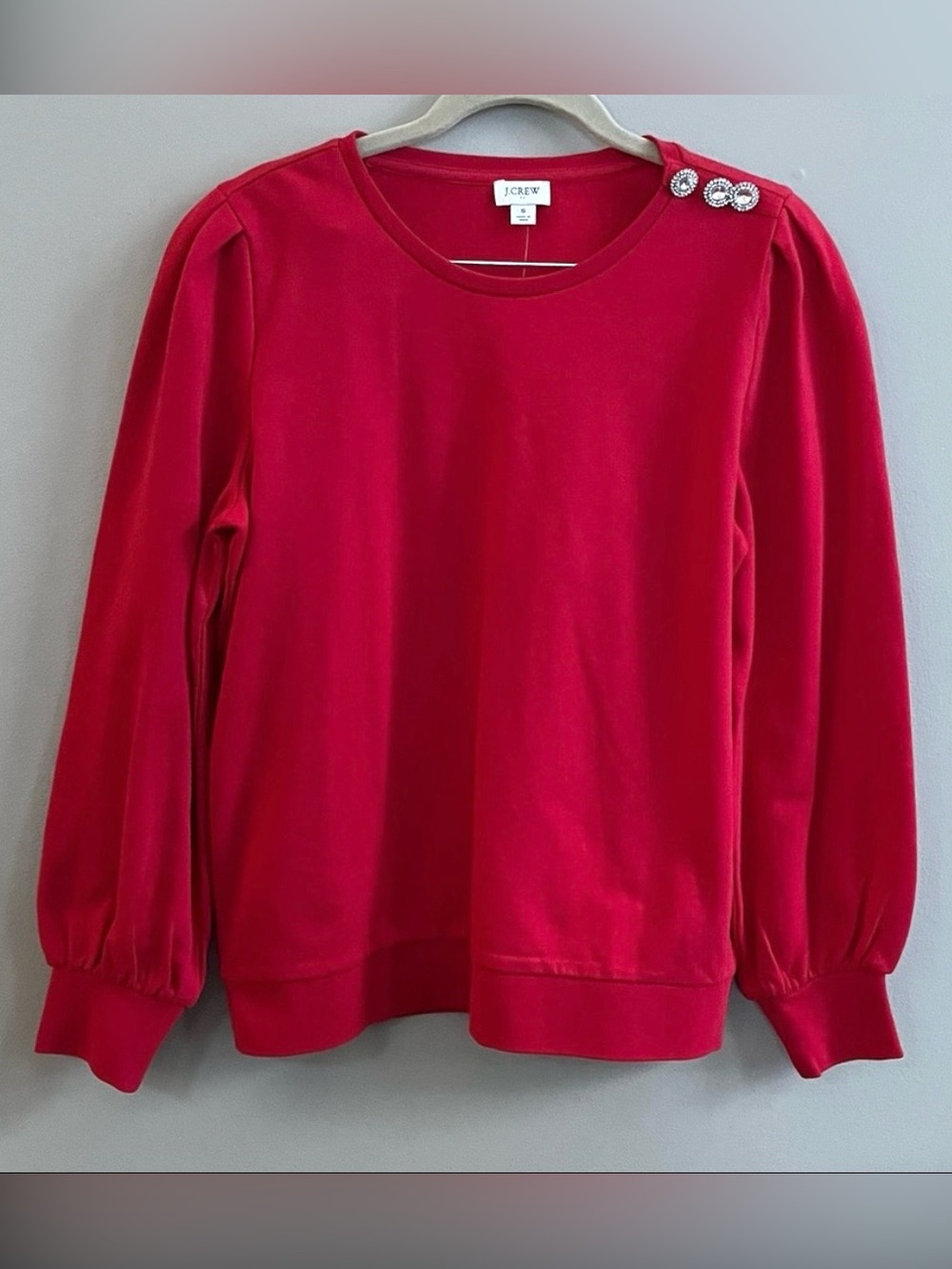 J Crew red puff sleeve dressy sweatshirt top rhinestone shoulder size small